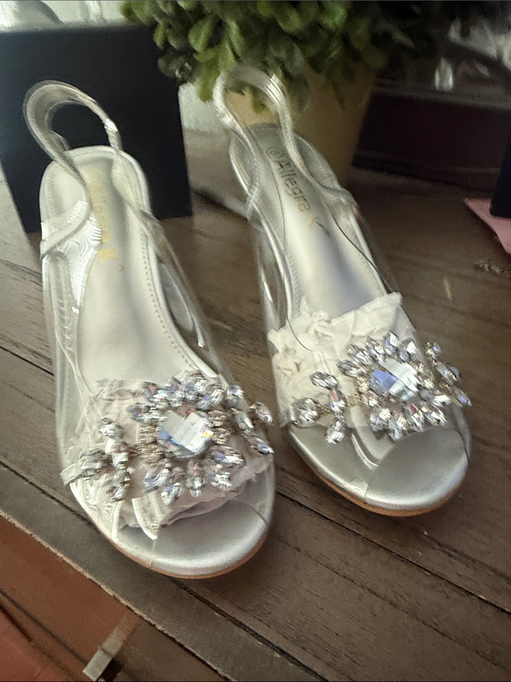 Allegra K Silver Crystal Embellished Peep-Toe Slingback Heels